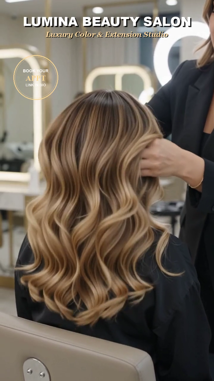 Hair colorist showcasing fresh balayage makeover