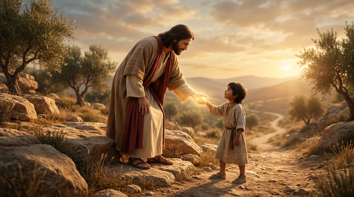 Cinematic 3D scene of Jesus saving a child with divine light