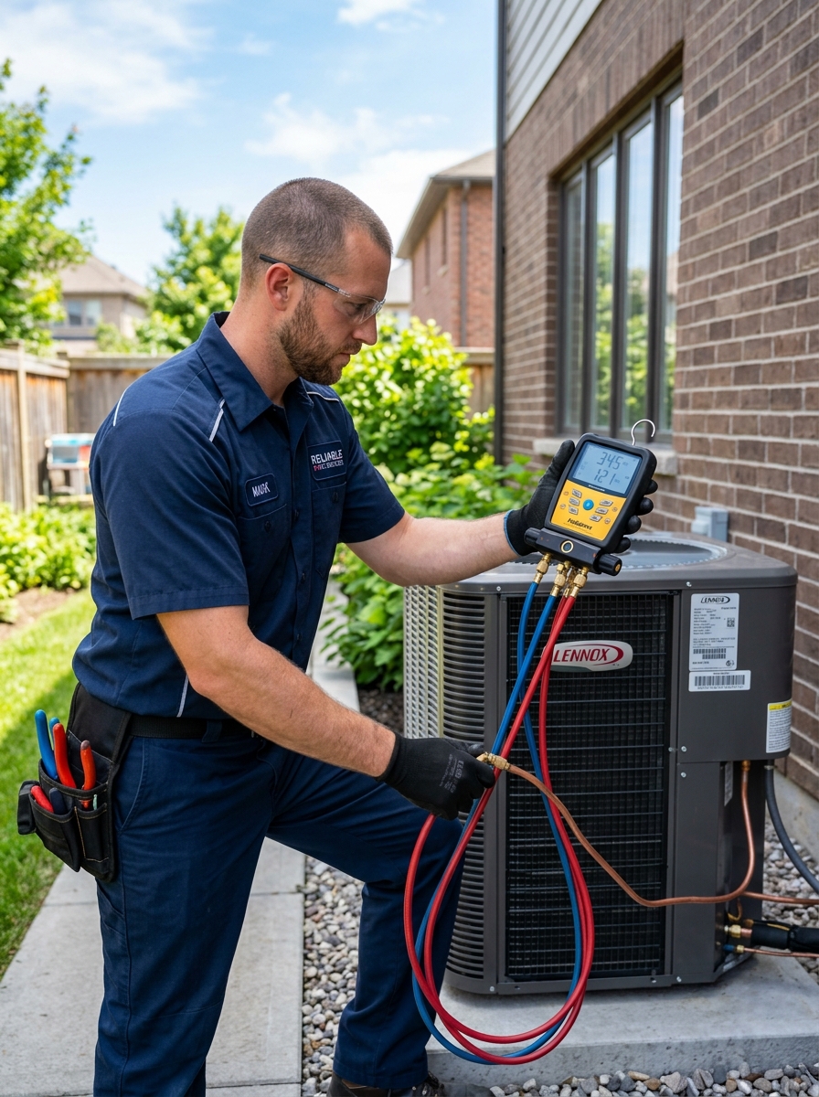 HVAC technician inspecting residential AC condenser unit