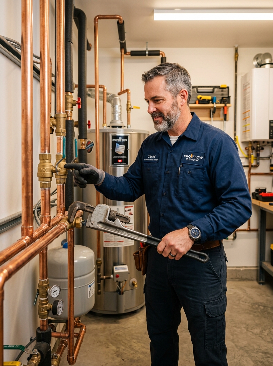 Professional plumber inspecting copper water pipe systems
