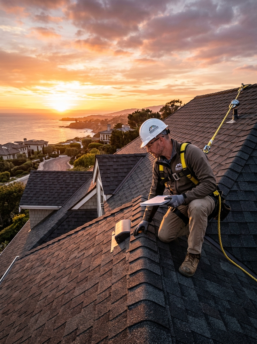 Roofing contractor inspecting architectural shingles