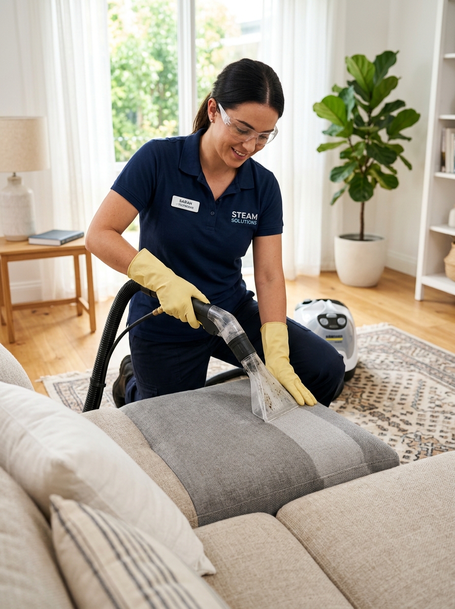 Deep cleaning specialist using steam extraction on upholstery