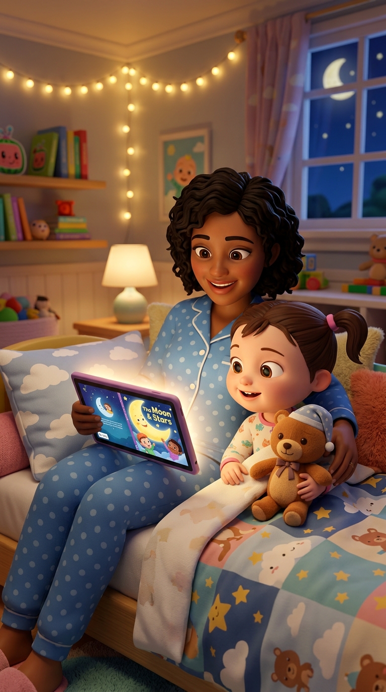 Parent creating personalized animated bedtime story series