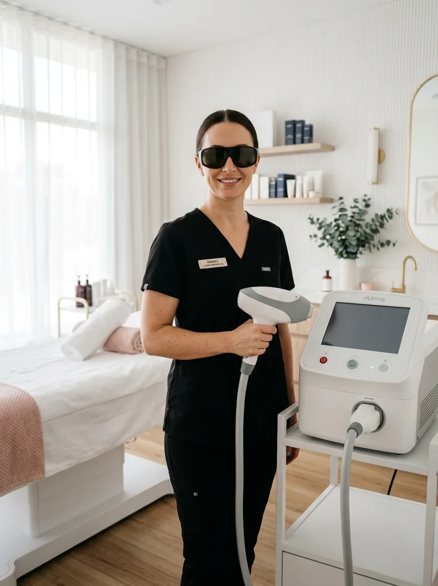 Laser technician holding a laser hair removal handpiece