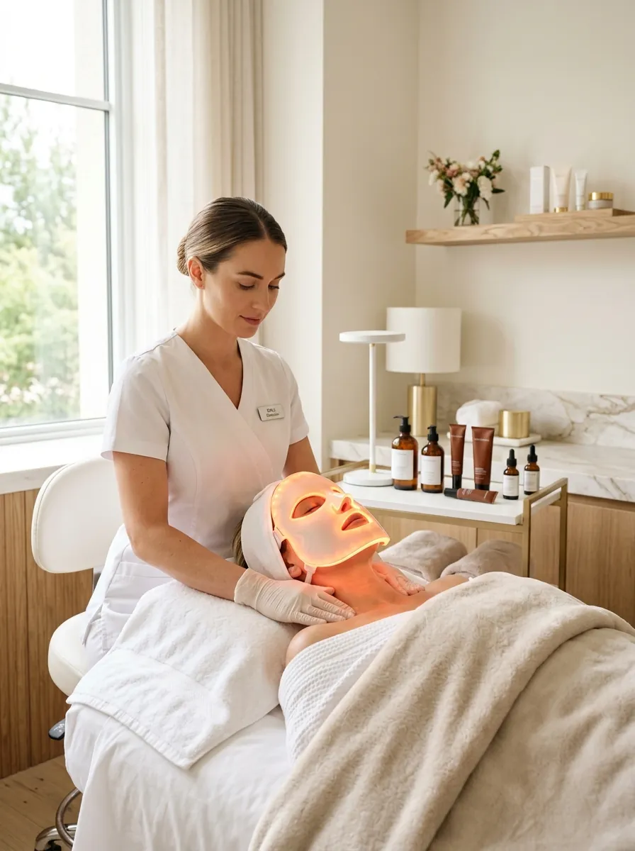 Esthetician performing an LED light facial on a client